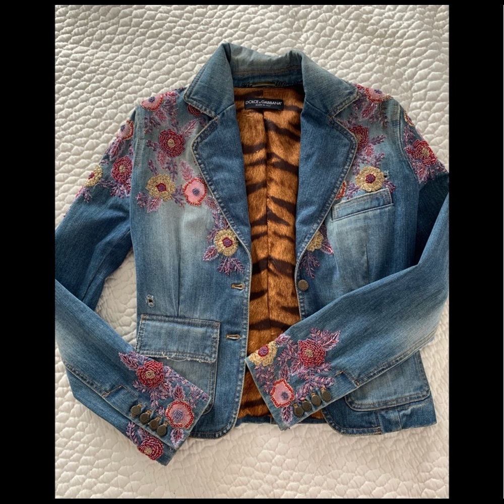 Dolce & Gabbana Embroidered Denim Jacket Floral Italian Runway Style S